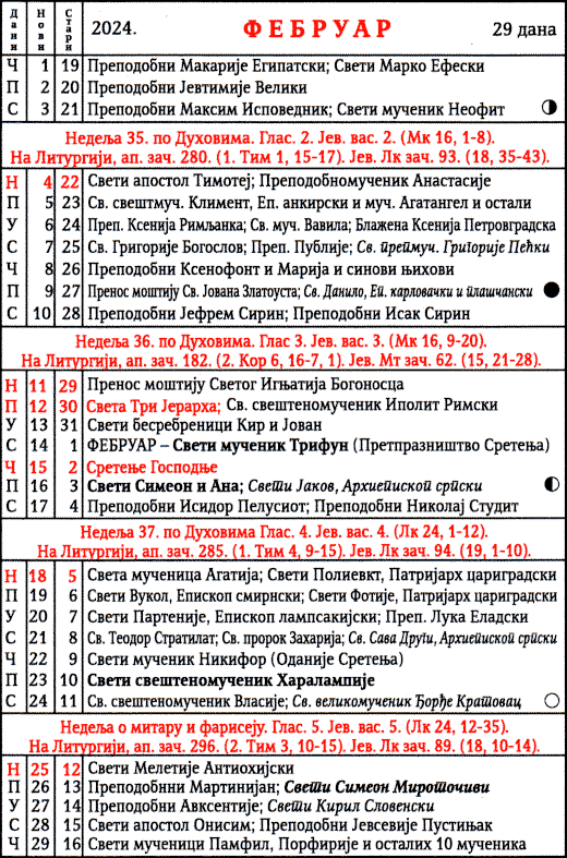Pravoslavni crkveni kalendar za februar 2024