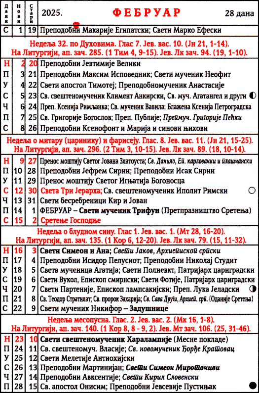 Pravoslavni kalendar  za februar 2025