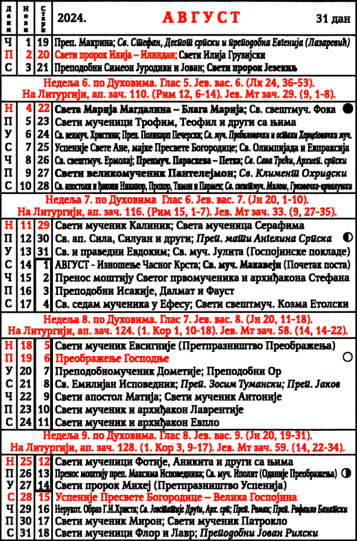 Pravoslavni crkveni kalendar za avgust 2024