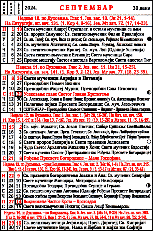 Pravoslavni crkveni kalendar za septembar 2024