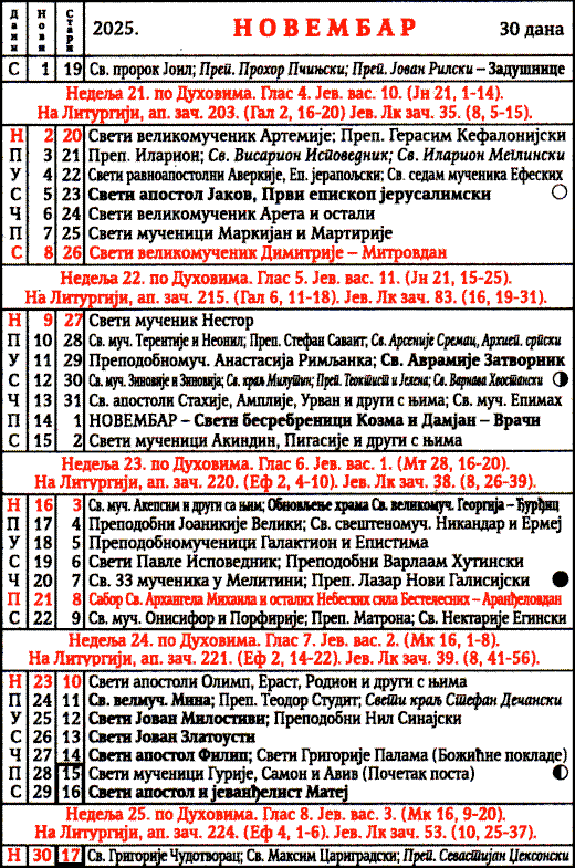 Pravoslavni kalendar  za novembar 2025