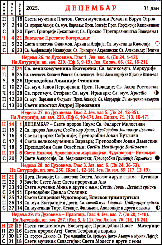 Pravoslavni kalendar  za decembar 2025